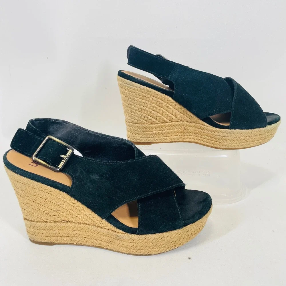 UGG Trina Black Suede Espadrille Wedge Sandals 1019902 Womens 7